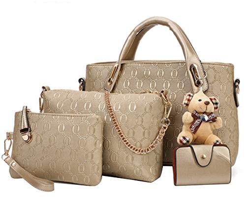FiveloveTwo Women Ladies 4 Pcs Top Handle Satchel Hobo Handbag Set Clutch PU Large Tote +Purse +Shoulder Bag+Card Holder Gold - Image 1