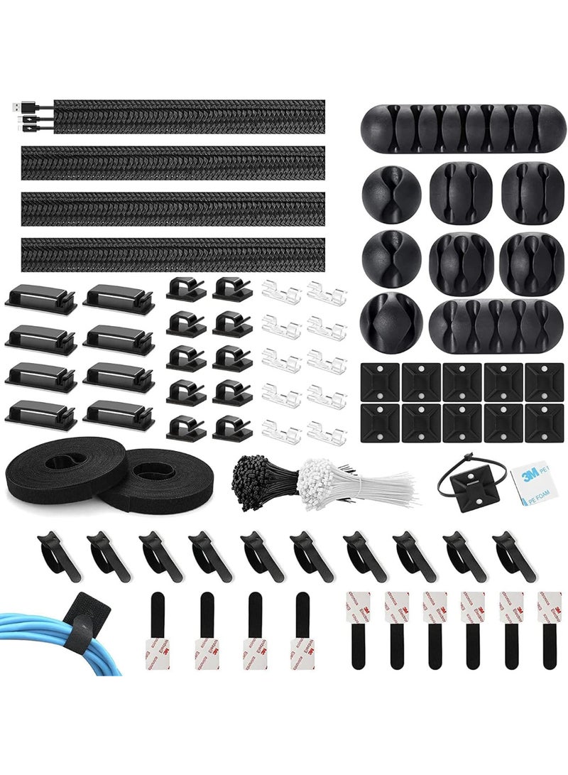 Relex Management Organizer Kit with 4 Cable Sleeve Split, 45 Self Adhesive Cable Clips Holder, 5 Rolls and 30 Pcs Adhesive Ties, 200 Nylon Fasten Cable Ties for TV Office Car Desk Home - Image 1