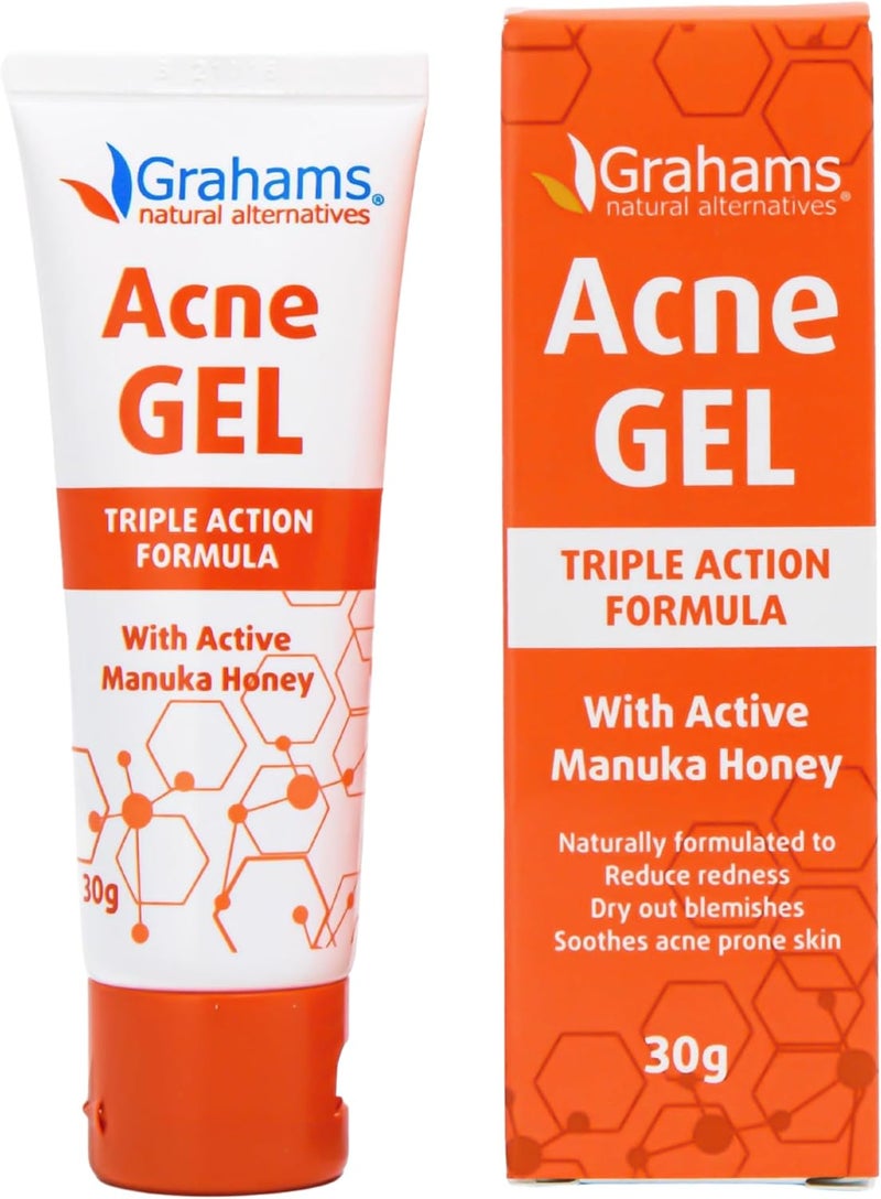 Grahams Natural Anti Acne Gel Spot Gel for Acne Prone Skin Pimples Face Back Body Witch Hazel Manuka Honey Aloe Vera Morning Night Treatment Oil Blemish Control 1 x 30 g
