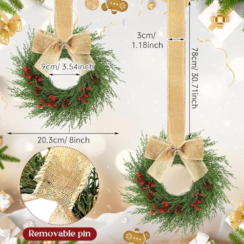 Knitgrip 20 Pcs 9 Small Christmas Kitchen Cabinet Wreaths with Plaid Bow Ribbon Mini Hanging Christmas Wreath Artificial Greenery Wreath for Cabinet Front Porch Wall Linen Color - Image 3
