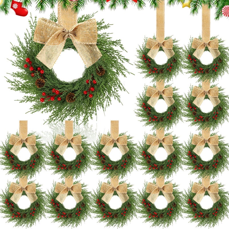 Knitgrip 20 Pcs 9 Small Christmas Kitchen Cabinet Wreaths with Plaid Bow Ribbon Mini Hanging Christmas Wreath Artificial Greenery Wreath for Cabinet Front Porch Wall Linen Color - Image 2