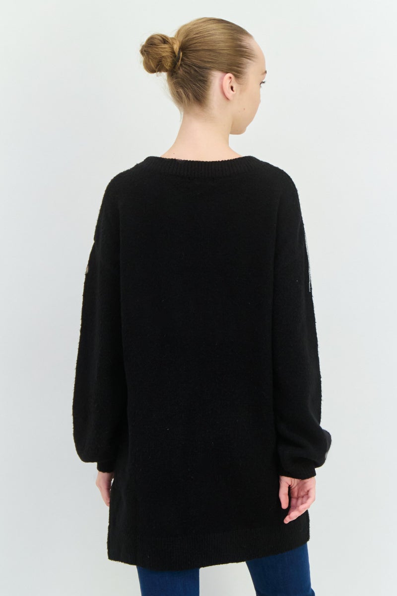 Aqua سويت شيرت نسائي مزخرف بأكمام طويلة، أسود - Image 3