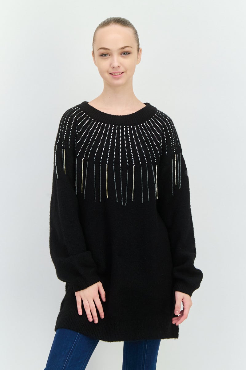 Aqua سويت شيرت نسائي مزخرف بأكمام طويلة، أسود - Image 1