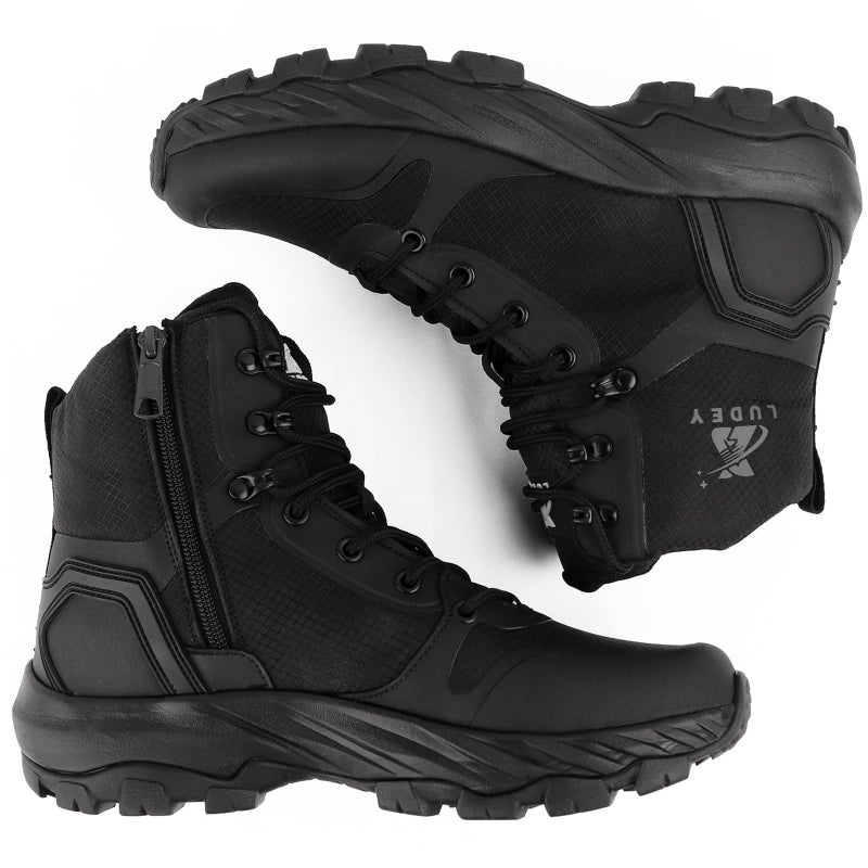 LUDEY Lightweight Tactical Military Boots for Men Comfortable Breathable Durable YKK Side Zipper Anti-Slip Police Combat Duty Boots Black 10.5US - Image 1