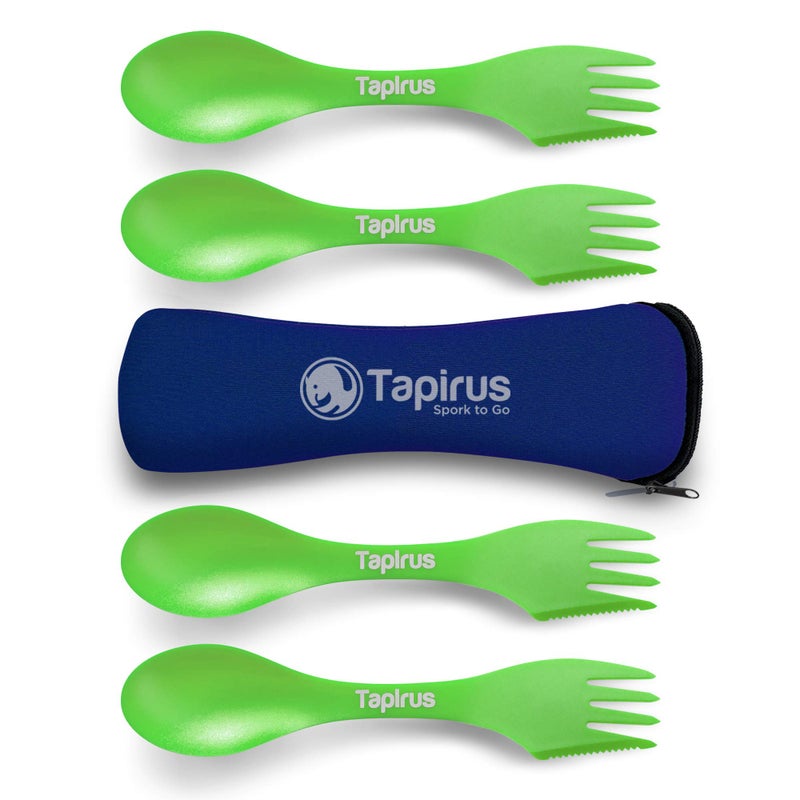Tapirus  4 Green Spork to Go Set  7inch Durable  BPA Free Sporks  Spoon Fork and Knife Combo Utensils Flatware  Mess Kit for Camping Hunting and Outdoor Activities  Comes in a Carrying Case