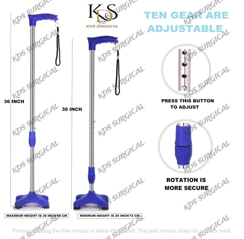 Kds Surgical 4 Leg Crome Height Adjustable Walking Stick (Blue) - Image 4
