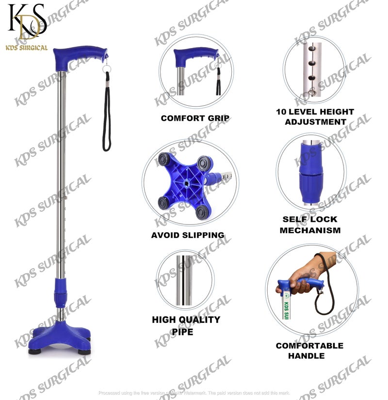 Kds Surgical 4 Leg Crome Height Adjustable Walking Stick (Blue) - Image 3