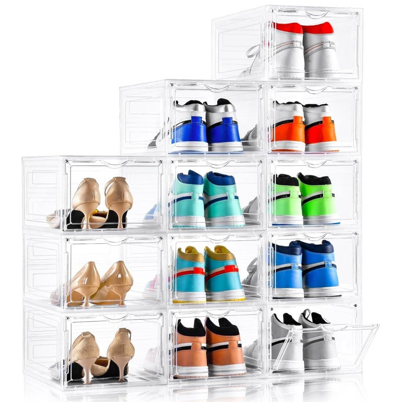 Clemate Upgraded X-Large Shoe Organizer,Shoe Storage Organizer,12 Pack,Shoe Box Clear Plastic Stackable,Drop Front Shoe Box with Clear Door, Shoe Containers For Sneaker Display,Fit up to US Size13 - Image 1