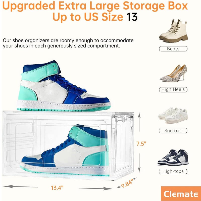 Clemate Upgraded X-Large Shoe Organizer,Shoe Storage Organizer,12 Pack,Shoe Box Clear Plastic Stackable,Drop Front Shoe Box with Clear Door, Shoe Containers For Sneaker Display,Fit up to US Size13 - Image 4
