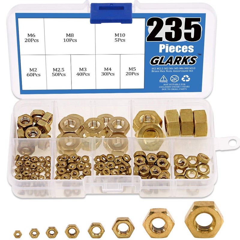 Glarks 235Pcs Metric M2 M25 M3 M4 M5 M6 M8 M10 HighStrength Brass Hex Nuts Assortment Kit