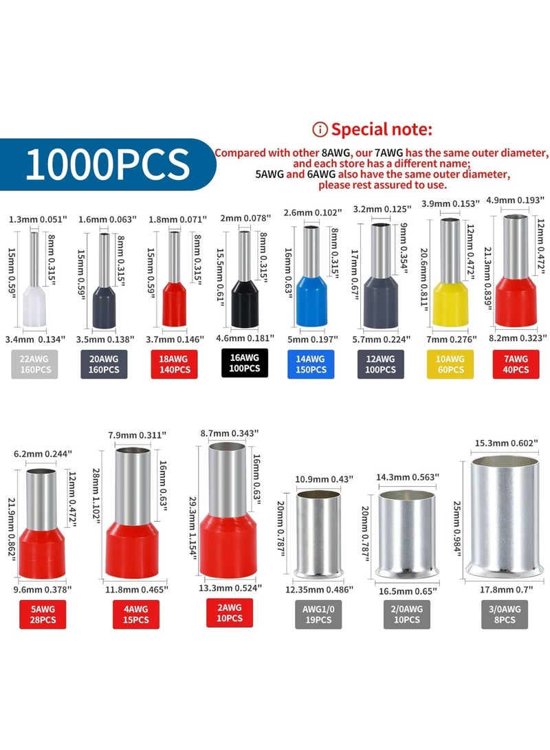 Barakah Wire Ferrule Kit, 1000PCS Copper Crimp Terminals Insulated Pin Cord End Connectors for Electrical Wiring and DIY Projects, Multi-Gauge AWG 22-3/0 - Image 2