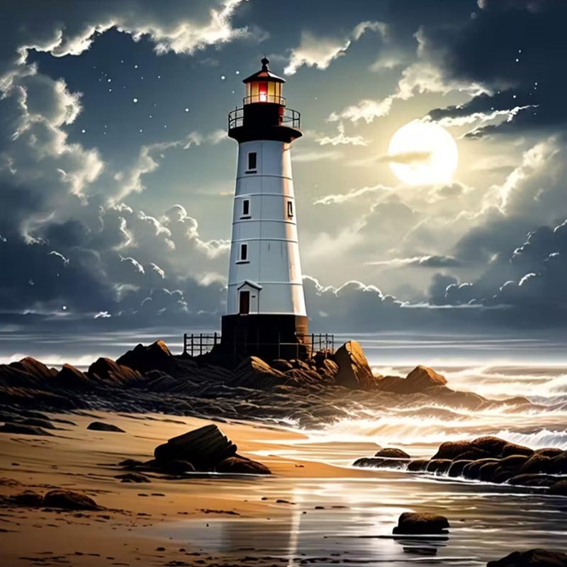 KTHOFCY 5D DIY Beach Landscape Diamond Painting Kits for Adults,Lighthouse Landscape Full Drill Embroidery Cross Stitch Crystal Rhinestone Paintings Arts Wall Decor Painting Dots Kits 13.7X13.7 inch - Image 1