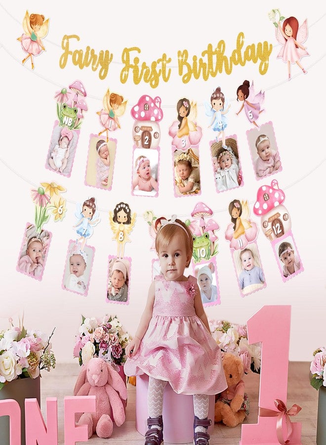 Tiamon Fairy First Birthday Decorations My Fairy 1st Birthday Banner Monthly Photo Banner Floral Mushroom 1st Bday Party Hanging Decor for Girl Princess Baby Shower Picture Display Party Supplies - Image 5