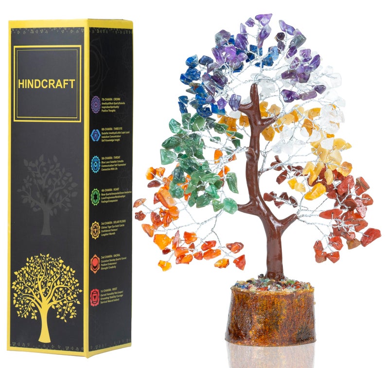 HindCraft Seven Chakra Tree | Good Luck Tree for Home & Office Decor | Artificial Tree for Living Room, Hall & Table Decoration | Gift for Men & Women – Anniversary & Birthday, 8 Inch - 200 Beads - Image 1