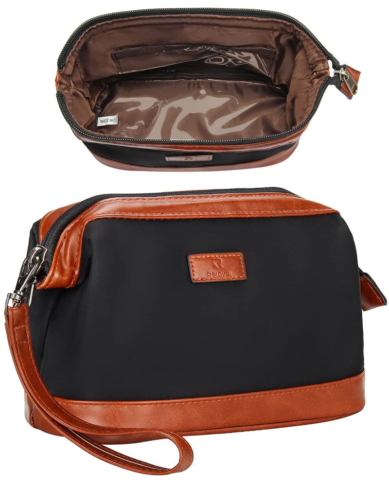 Relavel Travel Makeup Bag, Cosmetic Bag Makeup Organizer Bag Zipper Pouch for Purse Large Capacity Toiletry Bag Portable Waterproof Travel Accessories Skincare Make Up Bag, Brown - Image 1