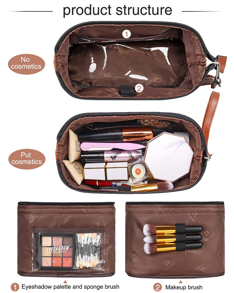 Relavel Travel Makeup Bag, Cosmetic Bag Makeup Organizer Bag Zipper Pouch for Purse Large Capacity Toiletry Bag Portable Waterproof Travel Accessories Skincare Make Up Bag, Brown - Image 4