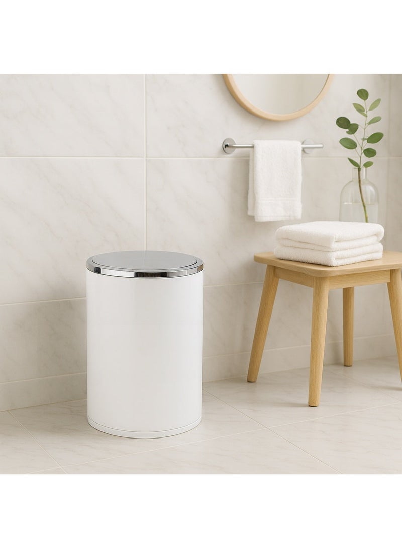 Primanova 6 Liter Acrylic Swing-Lid Waste Bin with Silver Frame Basket – Compact Indoor Trash Can for Bathroom, Bedroom, Office & Kitchen (White) - Image 2