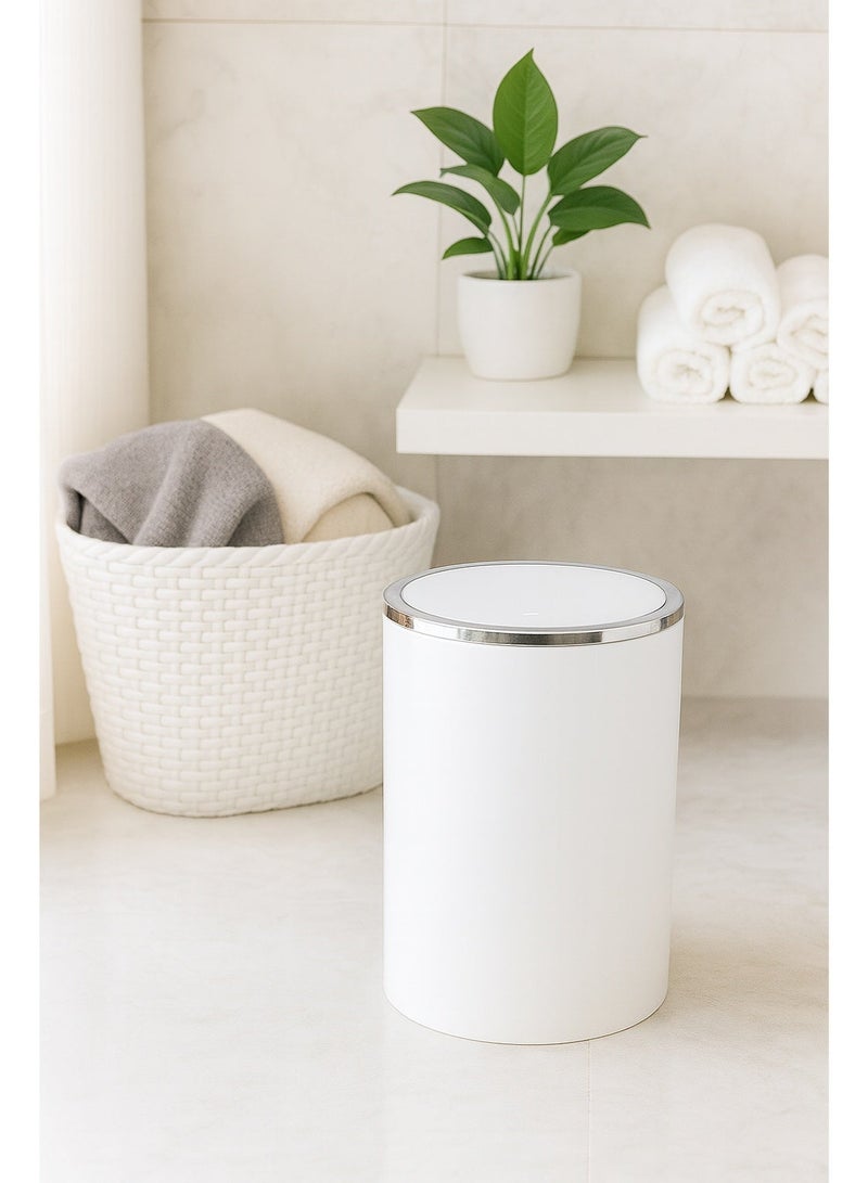 Primanova 6 Liter Acrylic Swing-Lid Waste Bin with Silver Frame Basket – Compact Indoor Trash Can for Bathroom, Bedroom, Office & Kitchen (White) - Image 3