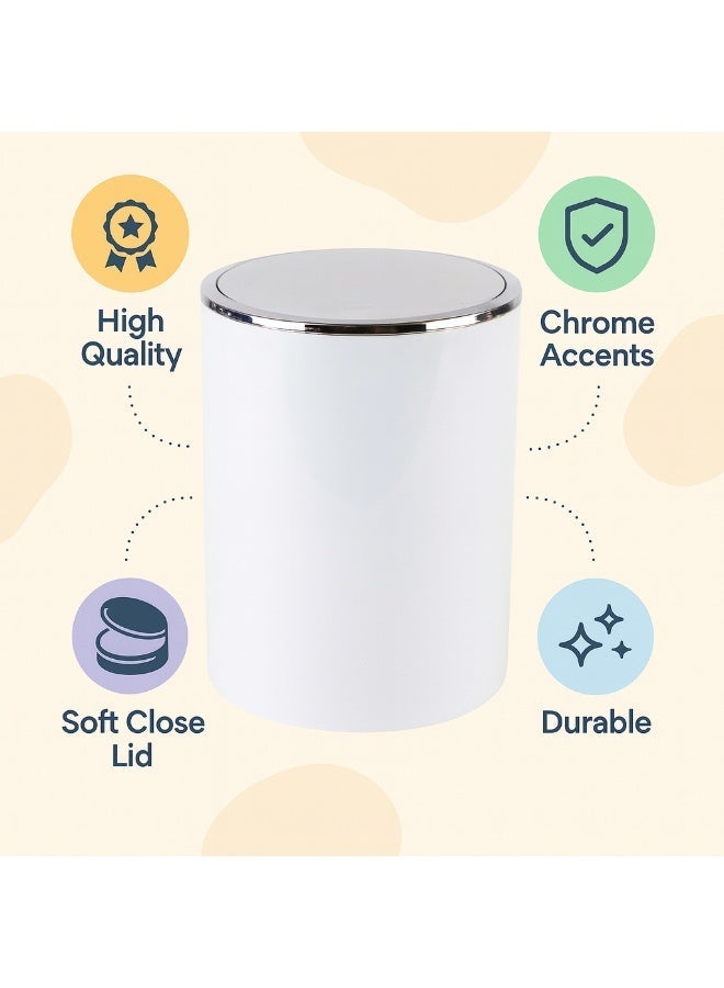 Primanova 6 Liter Acrylic Swing-Lid Waste Bin with Silver Frame Basket – Compact Indoor Trash Can for Bathroom, Bedroom, Office & Kitchen (White) - Image 5
