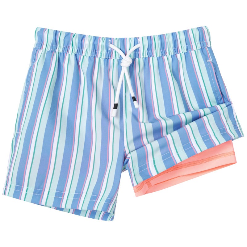 SURF CUZ Boys Swim Trunks with Boxer Brief Liner 2 in 1 Toddler Stretch Swimsuit Shorts Quick Dry Swimming Bathing Suit Blue Orange Stripes 5/6 - Image 1