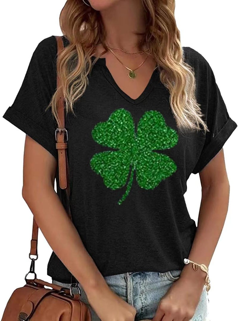 TIXOM St Patrick's Day V Neck Shirts for Womens Funny Glitter Shamrock Graphic Tee Lucky Clover Printed Short Sleeve Shirts Tops (L,A-Black-2)