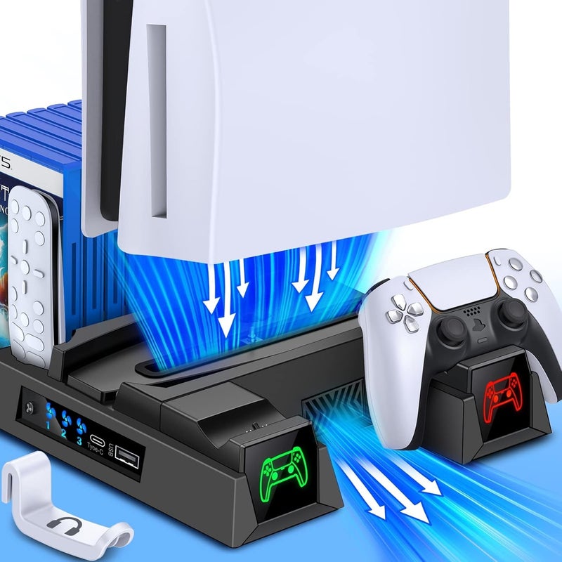 ميكينج تك حامل PS5، مع محطة شحن الأجهزة ومحطة التبينة لوحدة PS5 الإصدار الرقمي والإصدار القرصي، محطة شحن مزدوجة للأجهزة مع 3 سرعات مروحة تبريد، فتحات تخزين الألعاب، أسود - Image 1
