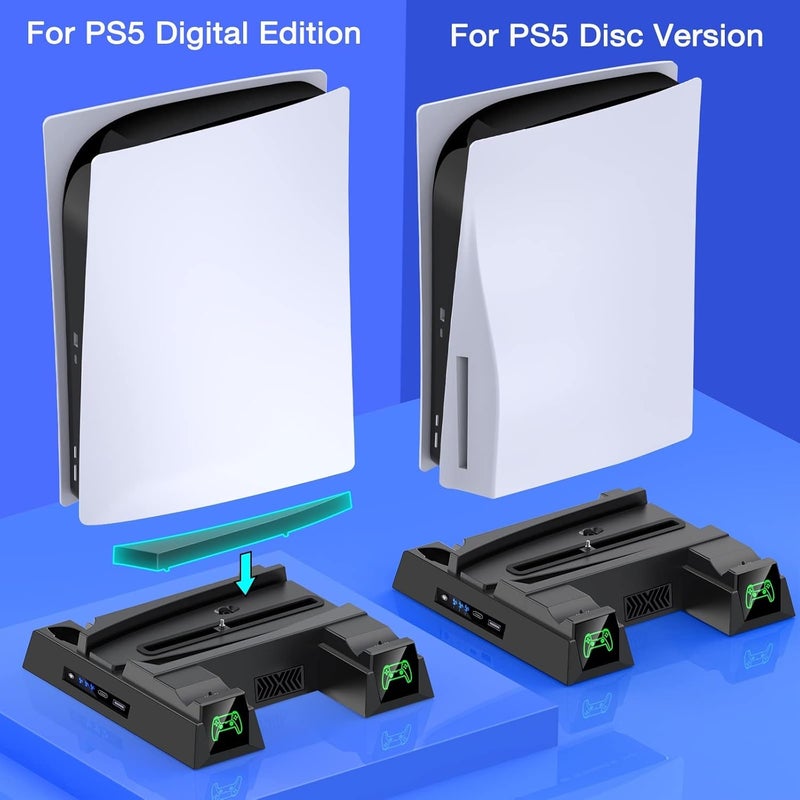 ميكينج تك حامل PS5، مع محطة شحن الأجهزة ومحطة التبينة لوحدة PS5 الإصدار الرقمي والإصدار القرصي، محطة شحن مزدوجة للأجهزة مع 3 سرعات مروحة تبريد، فتحات تخزين الألعاب، أسود - Image 4