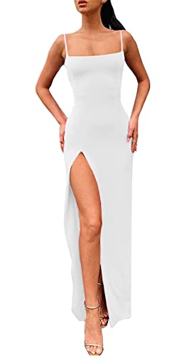 PRIMODA Women's Spaghetti Strap Bodycon White Maxi Dress Long Formal Thigh-high Slit Club Wedding Guest Dress, M - Image 4