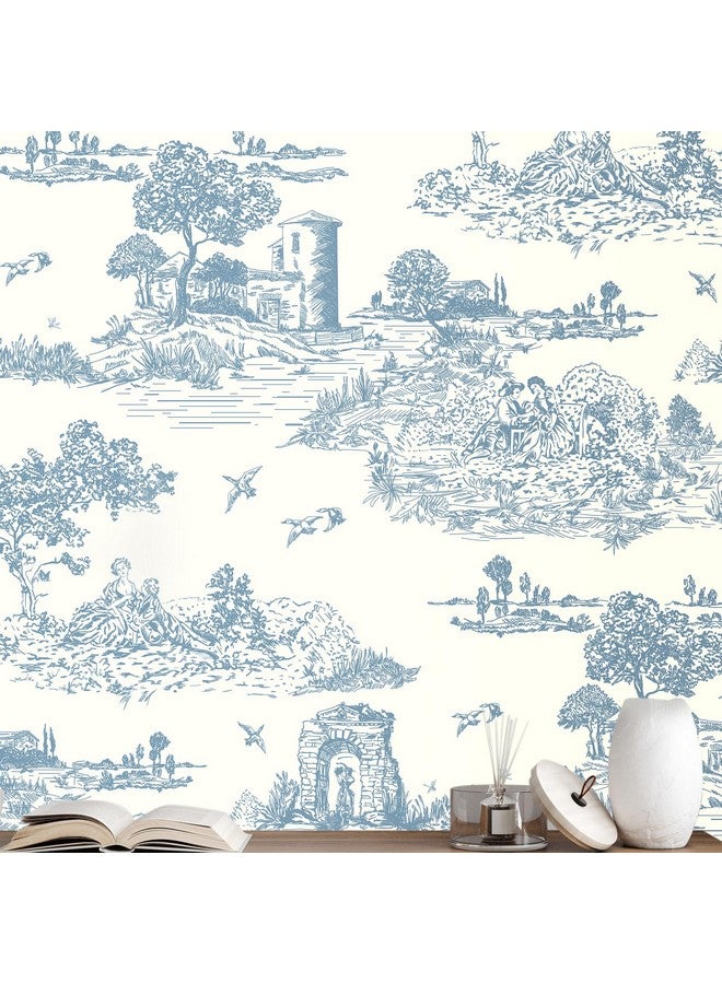 وينمر ورق حائط WENMER Toile القابل للتقشير واللصق، مقاس 17.7 بوصة × 590 بوصة، ورق حائط أزرق وأبيض، ورق حائط فرنسي عتيق قابل للإزالة، مناسب لغرفة النوم وغرفة المعيشة - Image 1