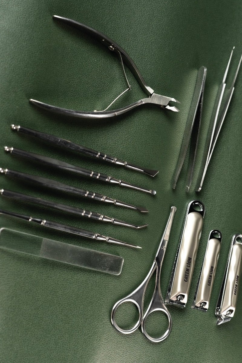 GREEN LION 13 in 1 Manicure Kit with Stainless Steel Material / Nail Cleaner / Nail Clipper / Dead Skin Scraper / Cuticle Scissors / Glass Nail File / Cuticle Nipper / Cuticle Pusher / Nail Art Tool / Peeling Knife / Lancet Tool / Tweezer – Brown - Image 2