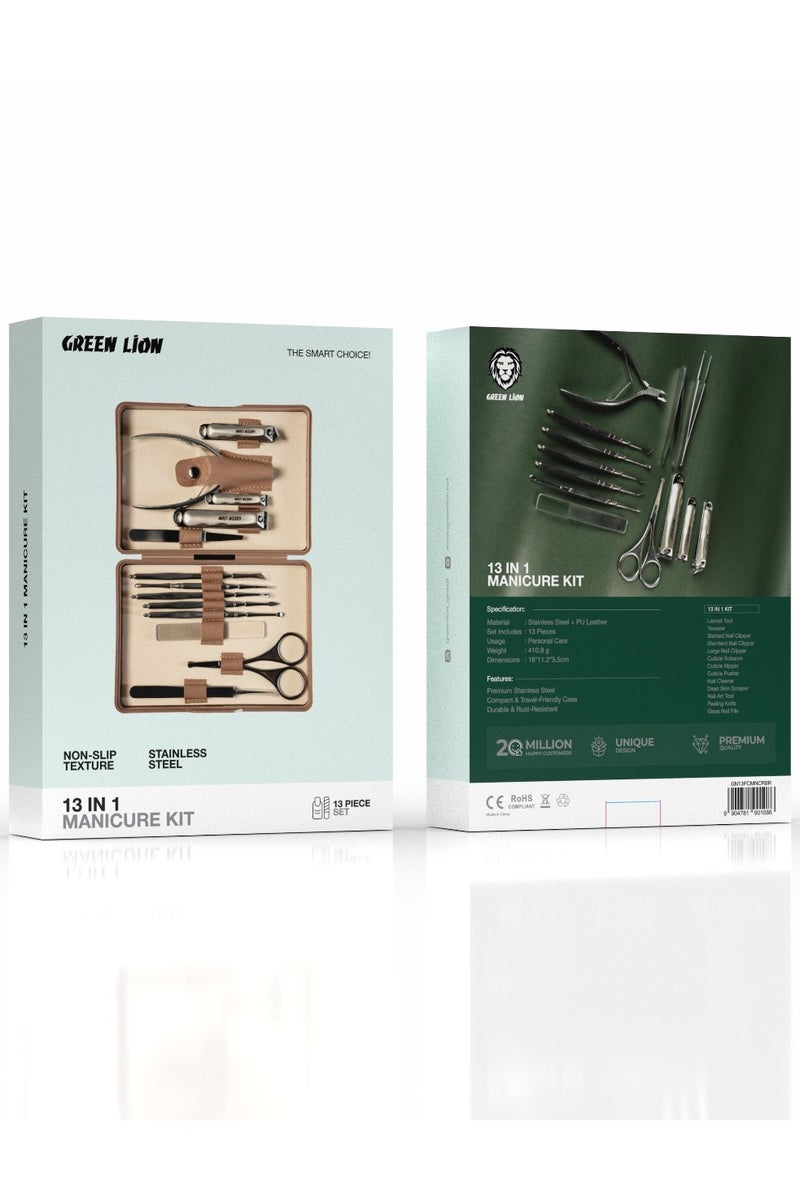 GREEN LION 13 in 1 Manicure Kit with Stainless Steel Material / Nail Cleaner / Nail Clipper / Dead Skin Scraper / Cuticle Scissors / Glass Nail File / Cuticle Nipper / Cuticle Pusher / Nail Art Tool / Peeling Knife / Lancet Tool / Tweezer – Brown - Image 3
