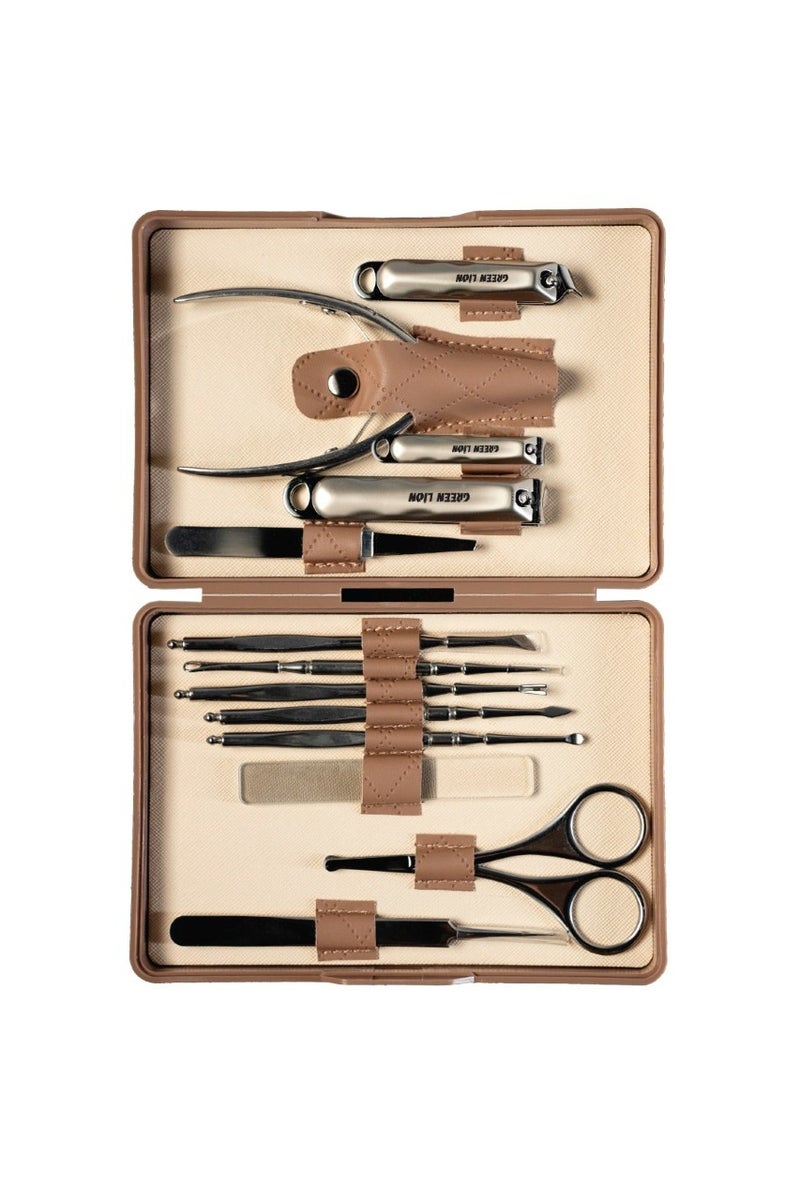 GREEN LION 13 in 1 Manicure Kit with Stainless Steel Material / Nail Cleaner / Nail Clipper / Dead Skin Scraper / Cuticle Scissors / Glass Nail File / Cuticle Nipper / Cuticle Pusher / Nail Art Tool / Peeling Knife / Lancet Tool / Tweezer – Brown - Image 1