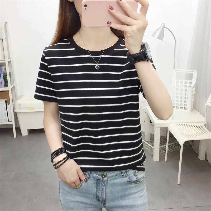Plus Size Loose Slimming Cotton Short-Sleeved T-Shirt Women'S Summer Black And White Striped T-Shirt Top - Image 4