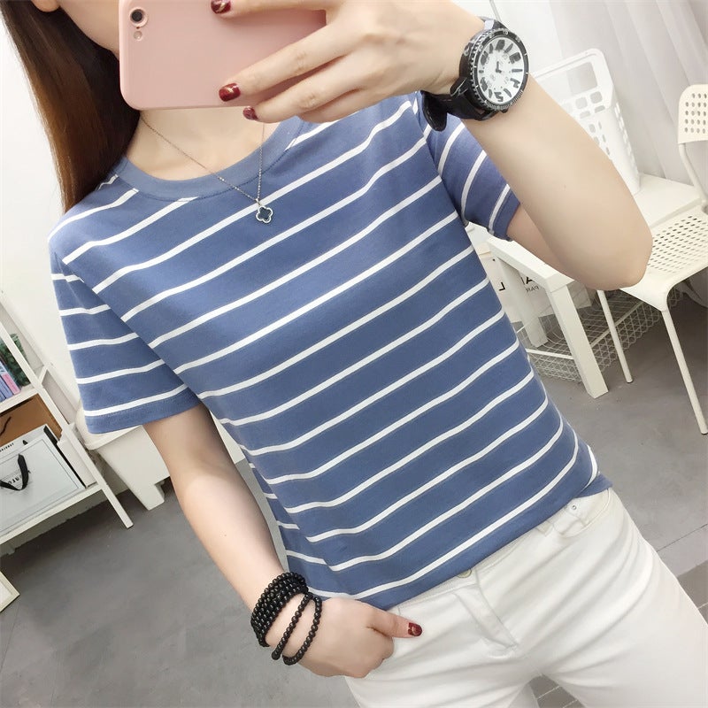 Plus Size Loose Slimming Cotton Short-Sleeved T-Shirt Women'S Summer Black And White Striped T-Shirt Top - Image 5