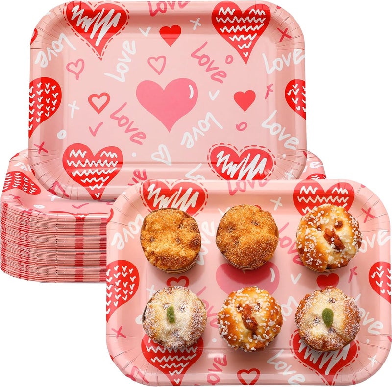 Ziliny 24 Pcs 13 x 9 Inch Mothers Day Disposable Paper Plates Love Serving Tray Rectangle Trays Valentine Happy Mothers Day Wedding Party Supplies for Food Snacks Cookies DessertPink - Image 1