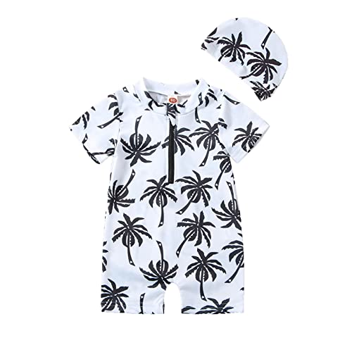Yccutest Newborn Infant Baby Boy Girls Shark One Piece Swimsuit Short Sleeve Zip Up Rash Guard Swimwear Sun Protection Bathing Suits (White(with hat),6-12 Months) - Image 1