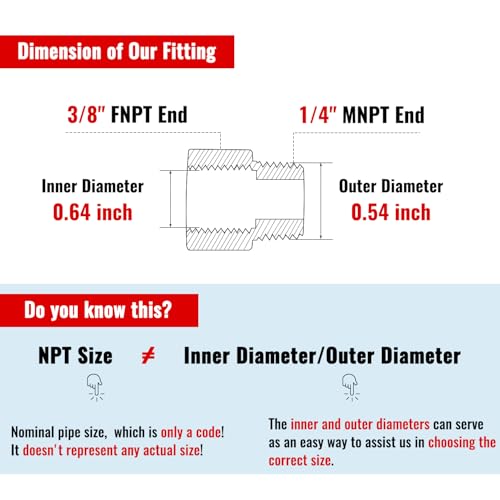 SUNGATOR 3/8 Inch Female to 1/4 Male Reducer, NPT Brass Pipe Fittings Adapters, 1/4" Male to 3/8" Female NPT Reducer Adapters, Brass Pipe Extension Connectors, Pack of 2 - Image 3