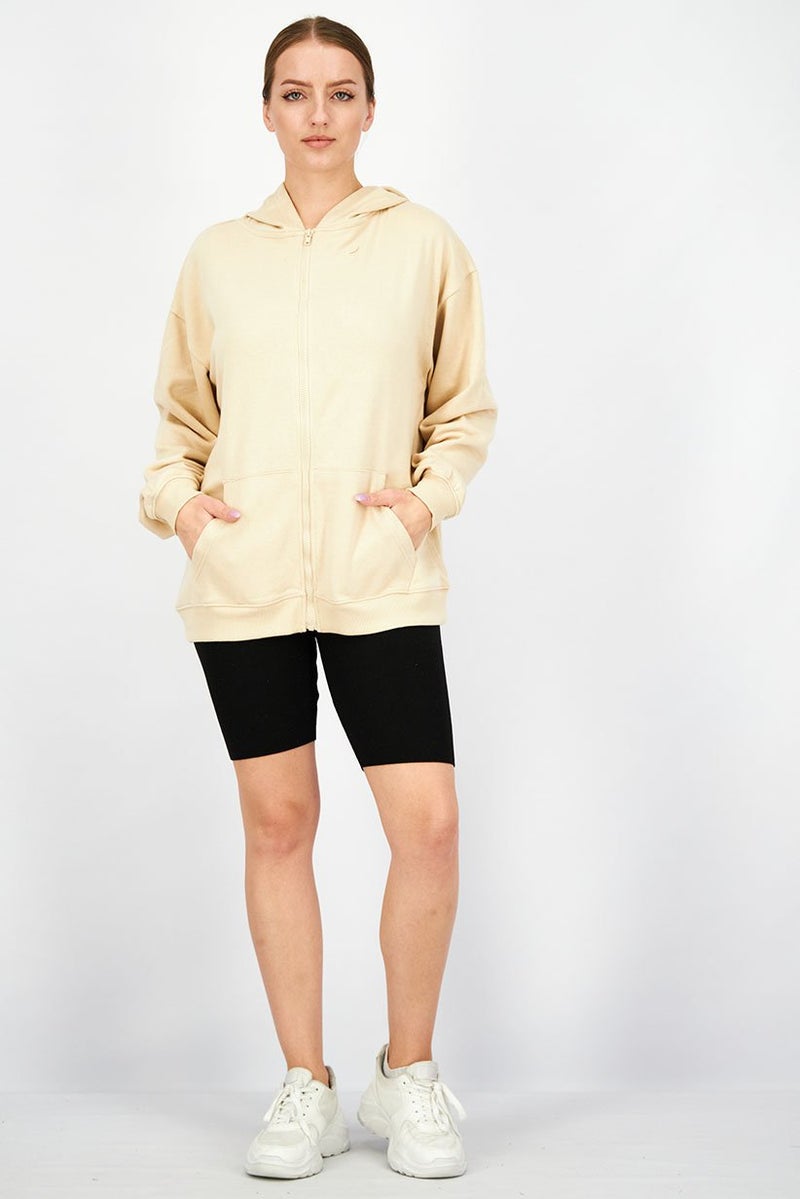 XOXO سويت شيرت بسيط بجيب أمامي وغطاء رأس للنساء، بيج - Image 3