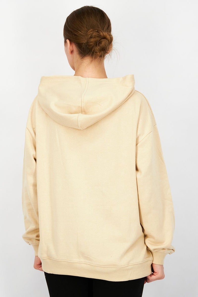 XOXO Women Hooded Front Pocket Plain Sweatshirt, Beige - Image 2