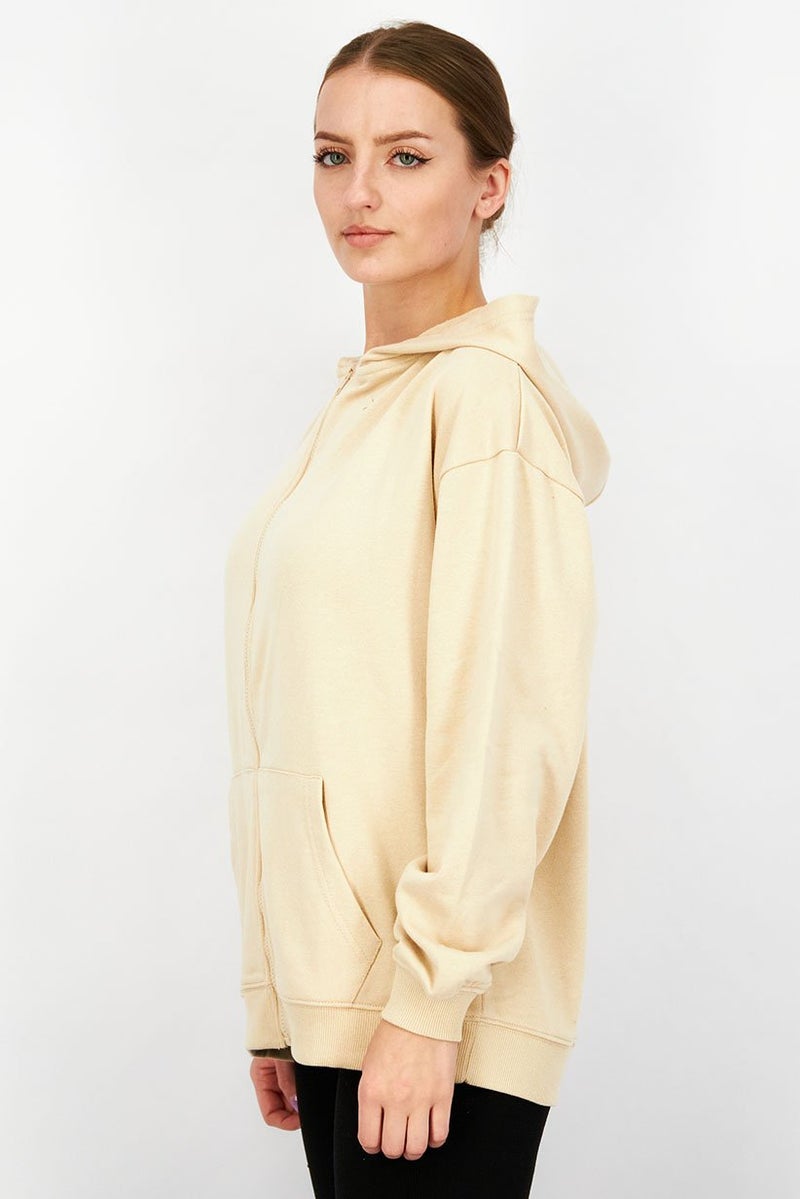 XOXO Women Hooded Front Pocket Plain Sweatshirt, Beige - Image 4