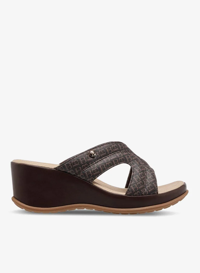 Flora Bella By Shoexpress Monogram Print Slip-On Sandals with Wedge Heels