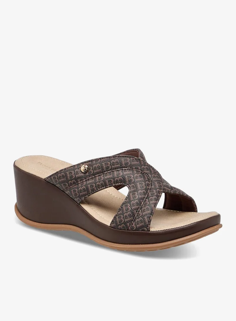Flora Bella By Shoexpress Monogram Print Slip-On Sandals with Wedge Heels