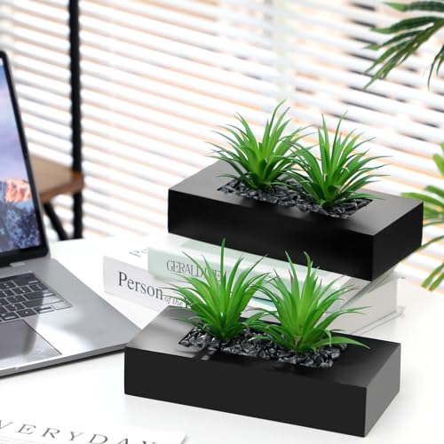 Hotop 2 Pcs Artificial Green Grass Plants in Wood Decorative Planter Pot Wooden Faux Greenery Rectangle Box Table Plant for Tabletop Centerpiece Indoor Decor(9.5 Inch,Black) - Image 3