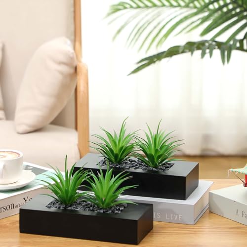 Hotop 2 Pcs Artificial Green Grass Plants in Wood Decorative Planter Pot Wooden Faux Greenery Rectangle Box Table Plant for Tabletop Centerpiece Indoor Decor(9.5 Inch,Black) - Image 4