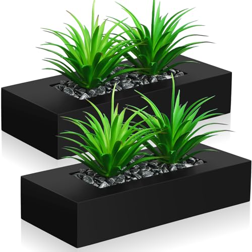 Hotop 2 Pcs Artificial Green Grass Plants in Wood Decorative Planter Pot Wooden Faux Greenery Rectangle Box Table Plant for Tabletop Centerpiece Indoor Decor(9.5 Inch,Black) - Image 1