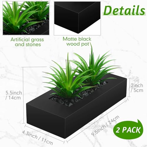 Hotop 2 Pcs Artificial Green Grass Plants in Wood Decorative Planter Pot Wooden Faux Greenery Rectangle Box Table Plant for Tabletop Centerpiece Indoor Decor(9.5 Inch,Black) - Image 2