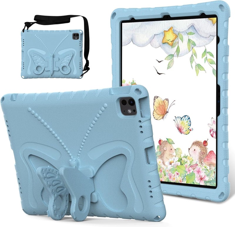 for iPad Pro 13inch 2024 Case,Lightweight EVA Kid Friendly Shockproof Protective Case,Shoulder Strap Case Butterfly Kids Case(Light Blue) - Image 1