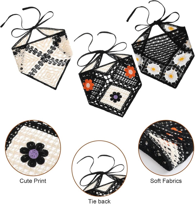 3 PCS Crochet Bandana Head Scarf Tie Back - Vintage Floral Knitted Headband Set for Women & Girls - Image 2