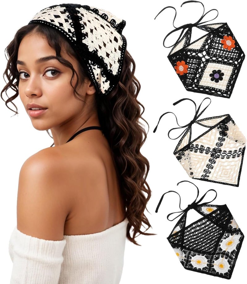 3 PCS Crochet Bandana Head Scarf Tie Back - Vintage Floral Knitted Headband Set for Women & Girls - Image 1