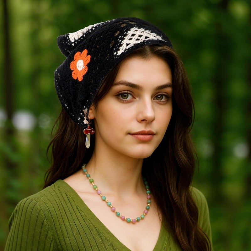 3 PCS Crochet Bandana Head Scarf Tie Back - Vintage Floral Knitted Headband Set for Women & Girls - Image 3